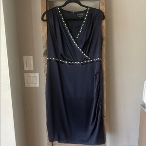 St. John Navy Blue Dress Hand Beaded Embellished Neckline Size 14